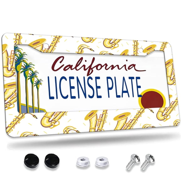1 Pcs Golden Saxophones License Plate Frame,License Plate Cover for Car Decorative Parts,Aluminum License Plate Bracket Holder Rust-Proof for US Standard Car