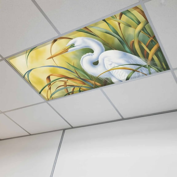 1 Pcs Graceful White Egret Fluorescent Light Covers Animals Nestled in Lush Green Reeds Magnetic Light Covers for Ceiling Lights 4 x 2 ft Drop Ceiling Lights Cover Shade for Office, Home, Hospital