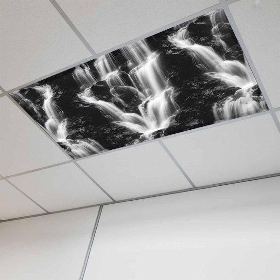 1 Pcs Gray Black Waterfall Fluorescent Light Covers Rushing Water Dark Rocks Realistic Style Magnetic Light Covers for Ceiling Lights 4 x 2 ft Drop Ceiling Lights Cover Shade for Office, Home,