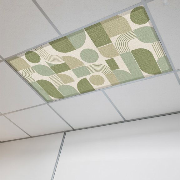 1 Pcs Green Beige Grid Blocks Fluorescent Light Covers Boho Abstract Minimalist Geometric Linen Texture Magnetic Light Covers for Ceiling Lights 4 x 2 ft Drop Ceiling Lights Cover Shade for Home