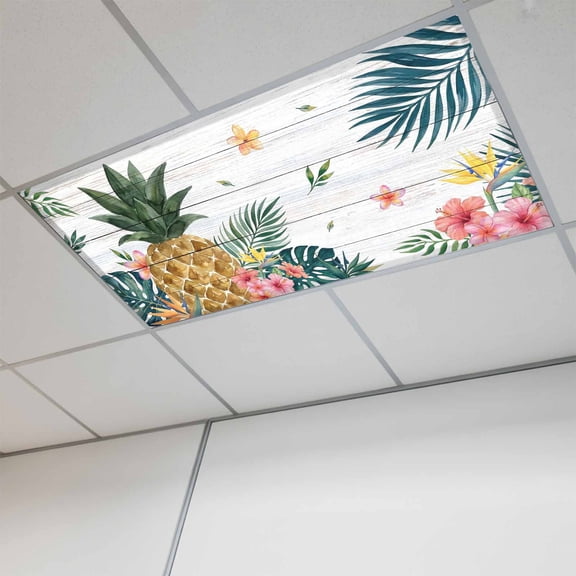 1 Pcs Green Palm Fronds Fluorescent Light Covers Coastal Pineapple Floral Slat Texture Magnetic Light Covers for Ceiling Lights 4 x 2 ft Drop Ceiling Lights Cover Shade for Office, Home, Hospital