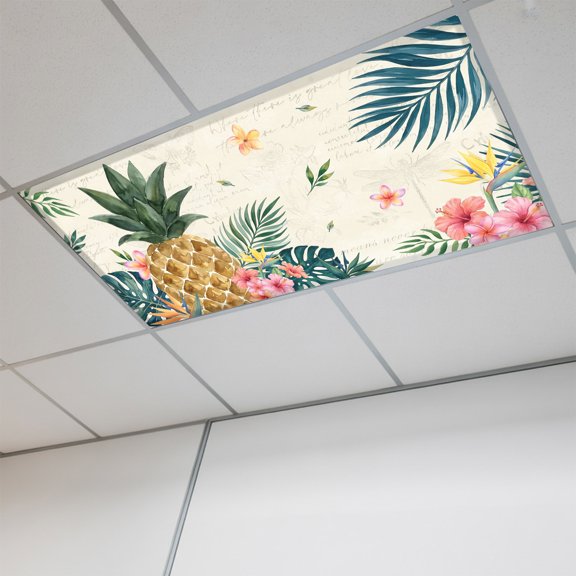 1 Pcs Green Palm Fronds Fluorescent Light Covers Retro Pineapple Floral Cream Magnetic Light Covers for Ceiling Lights 4 x 2 ft Drop Ceiling Lights Cover Shade for Office, Home, Hospital