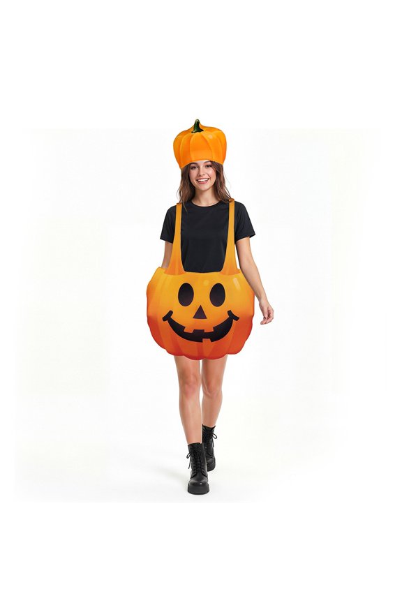 1 Pcs Halloween Adult Pumpkin Costume Set Sleeveless Pumpkin Velvet Costume Funny Hat for Women Halloween Party Cosplay Clothes