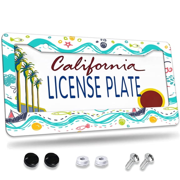 1 Pcs Hand drawn Sea Themed Illustration License Plate Frame,License Plate Cover for Car Decorative Parts,Aluminum License Plate Bracket Holder Rust-Proof for US Standard Car