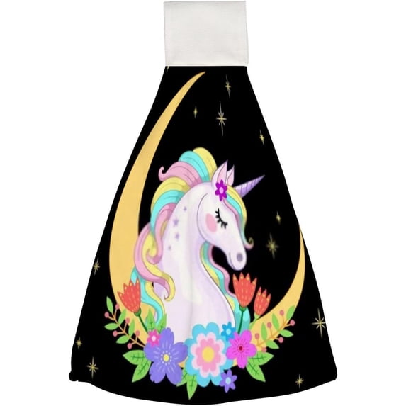 1 Pcs Hanging Towels, Dish Towels Moon with Unicorn and Flowers Absorbent Hand Towels with Hanging Loop Washcloth for Bathroom Kitchen