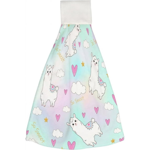1 Pcs Hanging Towels, Dish Towels Rainbow Color Llama Heart Absorbent Hand Towels with Hanging Loop Washcloth for Bathroom Kitchen