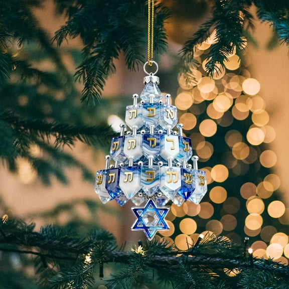 1 Pcs Hanukkah Tree Ornaments Decorations 2D Happy Chanukah Jewish Wooden Hexagram Menorah Dreidel Snowman Gingerbread House Blue White Hanging Ornaments for Holiday Party Xmas Tree Decor Gift
