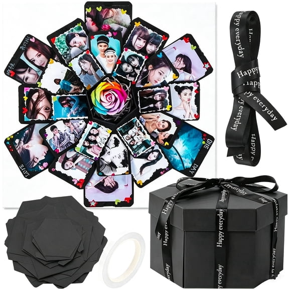 1 Pcs Hexagonal Explosion Box DIY Kit - Creative Photo Album Surprise Gift Box with Black Ribbon & Double-Sided Tape, Handmade Memory Box for Birthday, Anniversary, Valentine's Day & Proposal