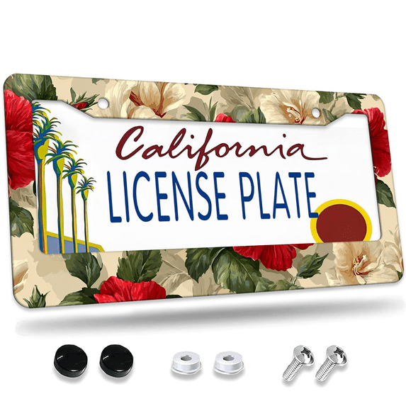 1 Pcs Hibiscus License Plate Frame, License Plate Cover for Car Decorative Parts, Aluminum License Plate Bracket Holder Rust-Proof Weather-Proof for US Standard Car