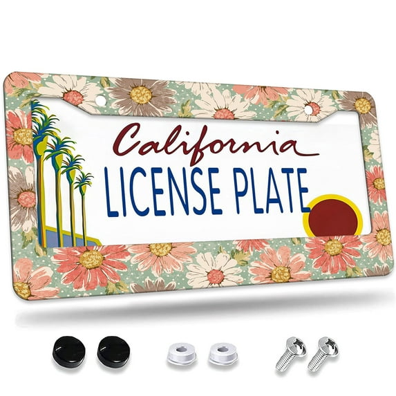 1 Pcs Daisies on Green Background License Plate Frame,License Plate Cover for Car Decorative Parts,Aluminum License Plate Bracket Holder Rust-Proofof for US Standard Car