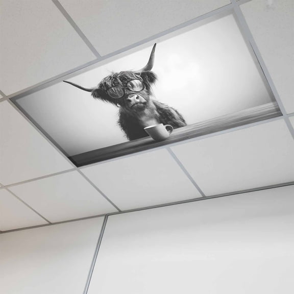 1 Pcs Highland Cow Drinking Coffee Fluorescent Light Covers Funny Animal Magnetic Light Covers for Ceiling Lights 4 x 2 ft Drop Ceiling Lights Cover Shade for Office, Home, Hospital