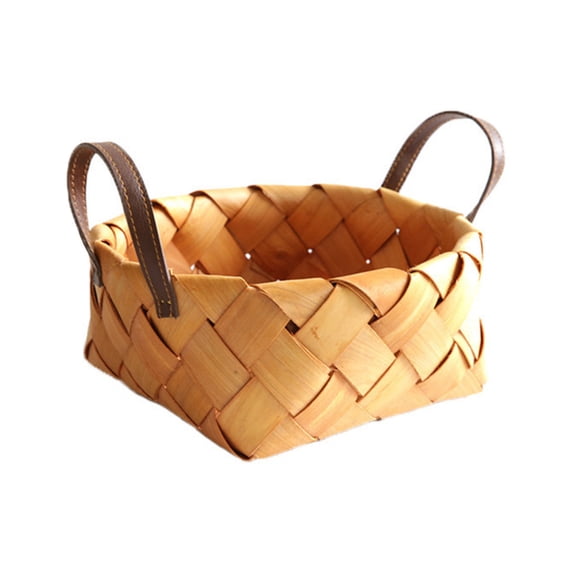 1 Pcs Inch Woodchip Basket with Handles Wooden Decorative Woven Empty Baskets Picnic Square Wicker Baskets Storage Basket Container for Organizing Snack Pantry(8.3*8.3*3.9")