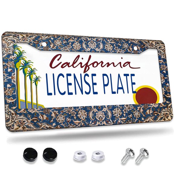 1 Pcs Intricate Blue Persian Rug License Plate Frame,License Plate Cover for Car Decorative Parts,Aluminum License Plate Bracket Holder Rust-Proof for US Standard Car