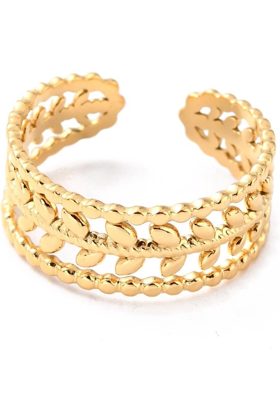 1 Pcs Ion Plating(IP) 304 Stainless Steel Leaf Finger Rings Long-Lasting Plated Cuff Rings Golden Leaf Rings for Women Wedding Engagement Party Jewelry Gift US Size 7 3/4(17.9mm) 6.5~8mm