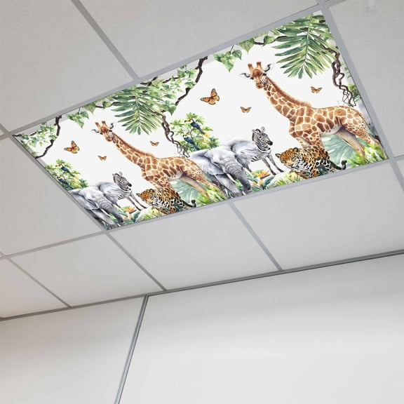 1 Pcs Jungle Animals Fluorescent Light Covers Giraffe Zebra Elephant Tiger Hawaii Tropical Plant Magnetic Light Covers for Ceiling Lights 4 x 2 ft Drop Ceiling Lights Cover Shade for Office, Home