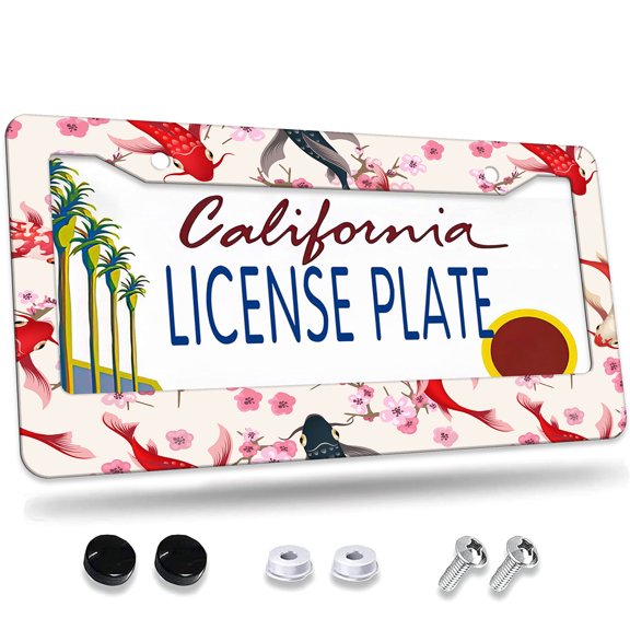 1 Pcs Koi Fish and Cherry Blossom License Plate Frame,License Plate Cover for Car Decorative Parts,Aluminum License Plate Bracket Holder Rust-Proof for US Standard Car