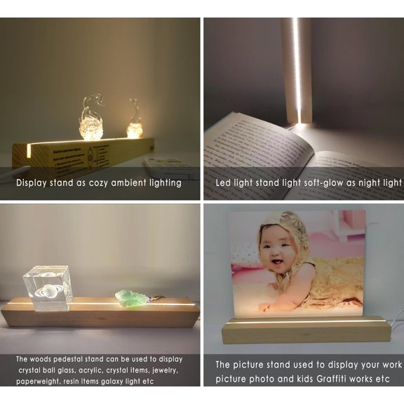 1 Pcs LED Light Display Pedestal Wooden Rectangle LED Lighted Base Stand 11.81 Inch Double Colors Dimming Night Light Lamp Base for Crystal Glass Art Resin Jewelry, Room Decor With remote control