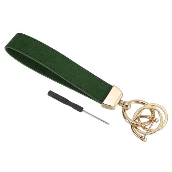 1 Pcs Leather Wristlet Keychain with Key Ring and D Ring Gold/Dark Green