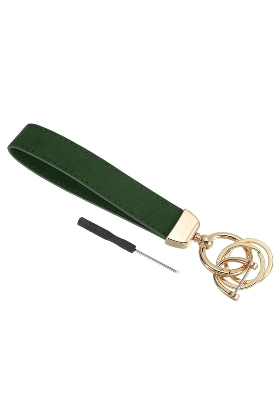 1 Pcs Leather Wristlet Keychain with Key Ring and D Ring Gold/Dark Green