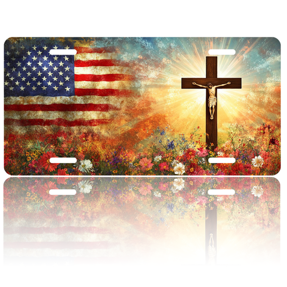1 Pcs License Plate Covers & Frames, American Flag and Crucifix with Flowers For Decorative Front, Waterproof For Decoration Aluminum License Plate Covers & Frames Cover For Men Women, 12" X 6"