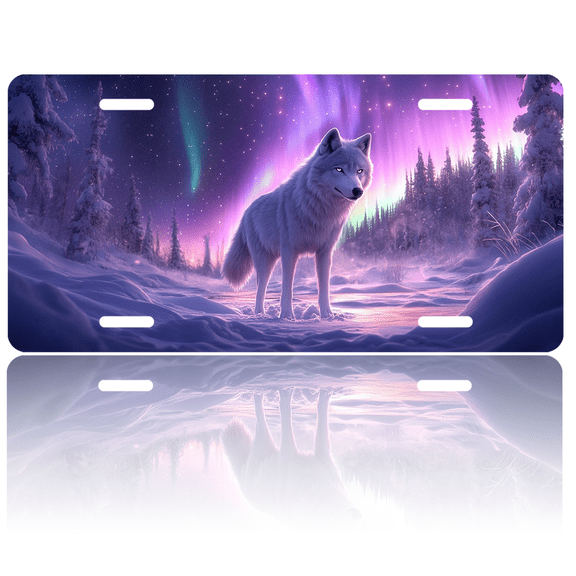 1 Pcs License Plate Covers & Frames, Arctic Wolf in a Snowy Northern Lights Landscape For Decorative Front, Aluminum License Plate Covers & Frames Cover For Men Women, 12" X 6"