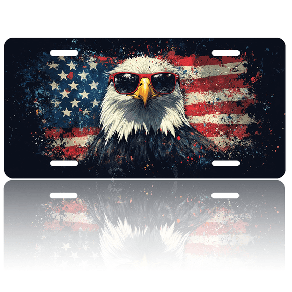 1 Pcs License Plate Covers & Frames, Bald Eagle with Sunglasses against American Flag For Decorative Front, Aluminum License Plate Covers & Frames Cover For Men Women, 12" X 6"