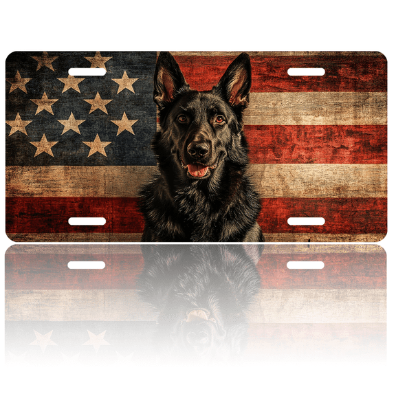 1 Pcs License Plate Covers & Frames, Black German Shepherd in Front of American Flag For Decorative Front, Aluminum License Plate Covers & Frames Cover For Men Women, 12" X 6"