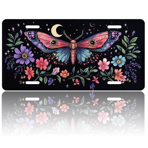 1 Pcs License Plate Covers & Frames, Colorful Moth Surrounded by Flowers and Celestial Elements For Decorative Front, Aluminum License Plate Covers & Frames Cover For Men Women, 12" X 6"