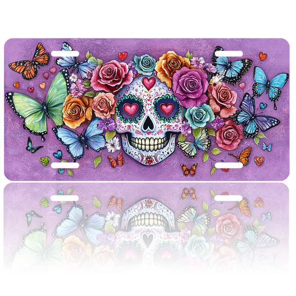 1 Pcs License Plate Covers & Frames, Colorful Sugar Skull with Butterflies and Roses For Decorative Front, Aluminum License Plate Covers & Frames Cover For Men Women, 12" X 6"