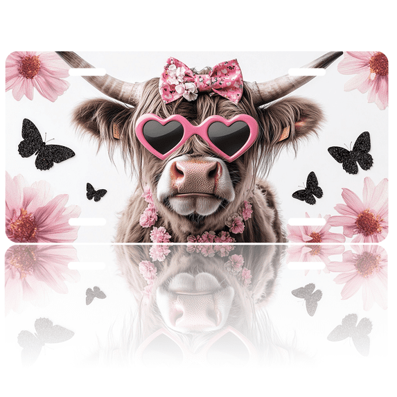 1 Pcs License Plate Covers & Frames, Cow with Heartshaped Sunglasses For Decorative Front, Waterproof For Decoration Aluminum License Plate Covers & Frames Cover For Men Women, 12" X 6"