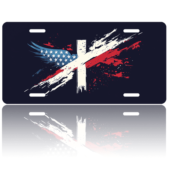 1 Pcs License Plate Covers & Frames, Cross with American Flag Brushstrokes For Decorative Front, Aluminum License Plate Covers & Frames Cover For Men Women, 12" X 6"