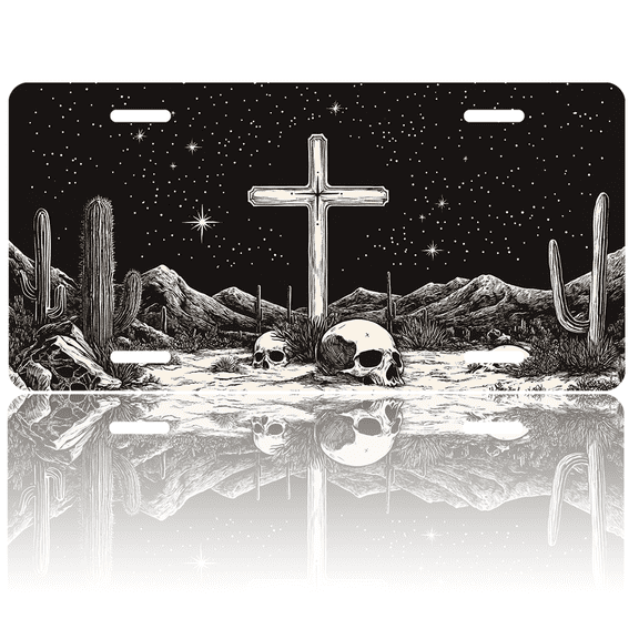 1 Pcs License Plate Covers & Frames, Cross and Skulls in the Desert Night For Decorative Front, Aluminum License Plate Covers & Frames Cover For Men Women, 12" X 6"