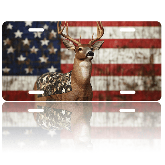 1 Pcs License Plate Covers & Frames, Deer with Antlers and Star - patterned Camouflage, American Flag in Background For Decorative Front, Aluminum Cover For Men Women, 12" X 6"