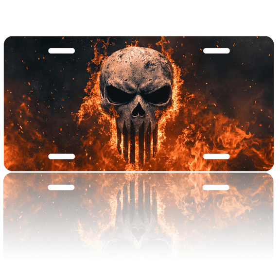 1 Pcs License Plate Covers & Frames, Flaming Skull with Intense Glare For Decorative Front, Aluminum License Plate Covers & Frames Cover For Men Women, 12" X 6"