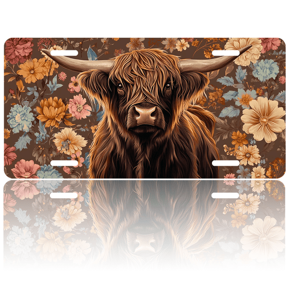 1 Pcs License Plate Covers & Frames, Highland Cow amidst a Tapestry of Flowers For Decorative Front, Aluminum License Plate Covers & Frames Cover For Men Women, 12" X 6"