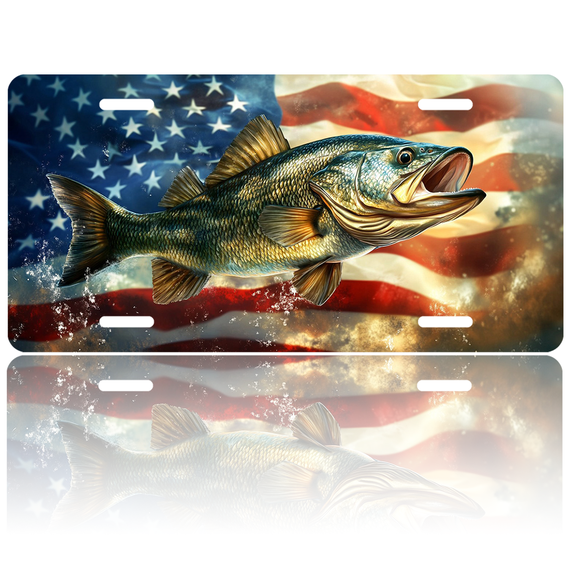 1 Pcs License Plate Covers & Frames, Large Mouth Bass Against American Flag For Decorative Front, Waterproof For Decoration Aluminum License Plate Covers & Frames Cover For Men Women, 12" X 6"