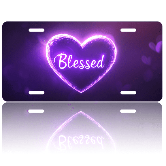 1 Pcs License Plate Covers & Frames, Neon Purple Heart with "Blessed" Inscription For Decorative Front, Aluminum License Plate Covers & Frames Cover For Men Women, 12" X 6"