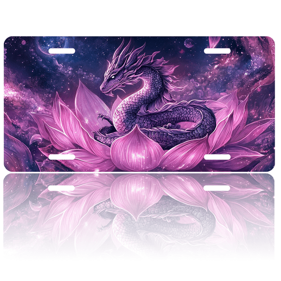 1 Pcs License Plate Covers & Frames, Purple Dragon on a Pink Lotus For Decorative Front, Waterproof For Decoration Aluminum License Plate Covers & Frames Cover For Men Women, 12" X 6"