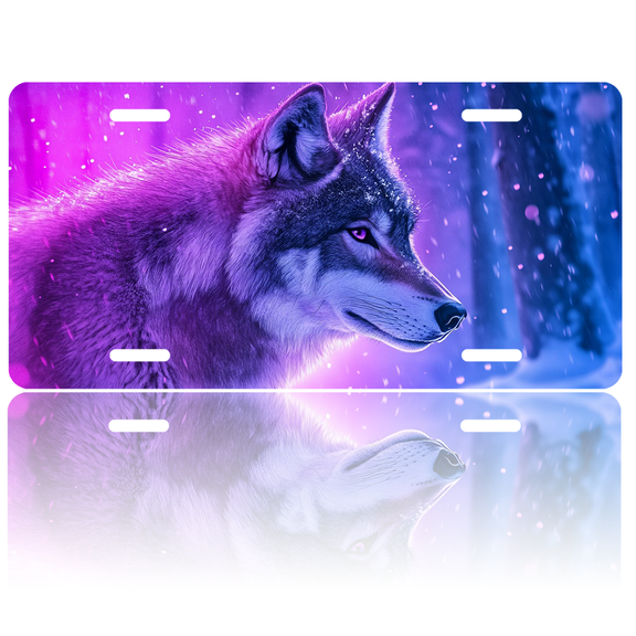 1 Pcs License Plate Covers & Frames, Purple - hued Wolf in a Snowy Forest For Decorative Front, Aluminum License Plate Covers & Frames Cover For Men Women, 12" X 6"
