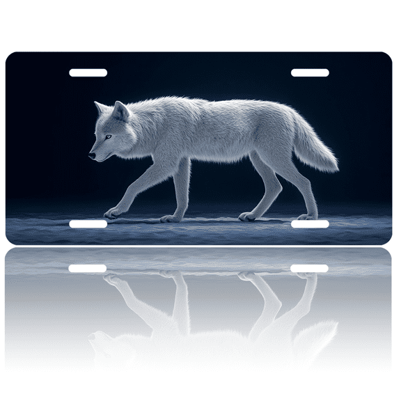 1 Pcs License Plate Covers & Frames, Realistic White Wolf in Dark Setting For Decorative Front, Aluminum License Plate Covers & Frames Cover For Men Women, 12" X 6"