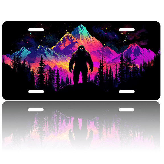 1 Pcs License Plate Covers & Frames, Sasquatch Silhouette against a Vividly Colored Mountain and Starry Sky For Decorative Front, Aluminum Cover For Men Women, 12" X 6"