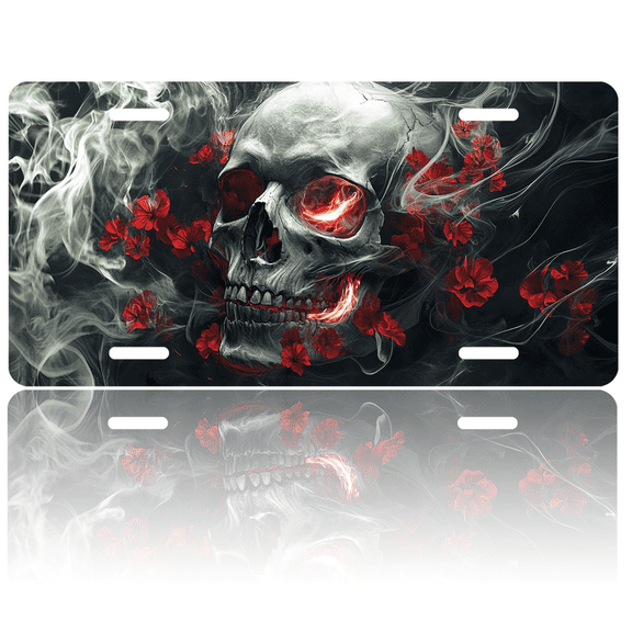1 Pcs License Plate Covers & Frames, Skull with Red Flowers and Smoke For Decorative Front, Waterproof For Decoration Aluminum License Plate Covers & Frames Cover For Men Women, 12" X 6"