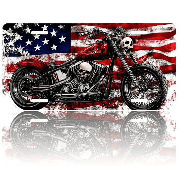 1 Pcs License Plate Covers & Frames, Skull - adorned Motorcycle against American Flag For Decorative Front, Aluminum License Plate Covers & Frames Cover For Men Women, 12" X 6"