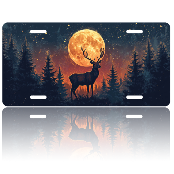 1 Pcs License Plate Covers & Frames, Stag Silhouette under a Full Moon in a Forest For Decorative Front, Aluminum License Plate Covers & Frames Cover For Men Women, 12" X 6"