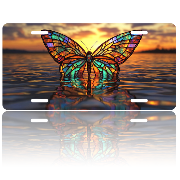 1 Pcs License Plate Covers & Frames, Stained - Glass Butterfly on the Sunset Water For Decorative Front, Aluminum License Plate Covers & Frames Cover For Men Women, 12" X 6"