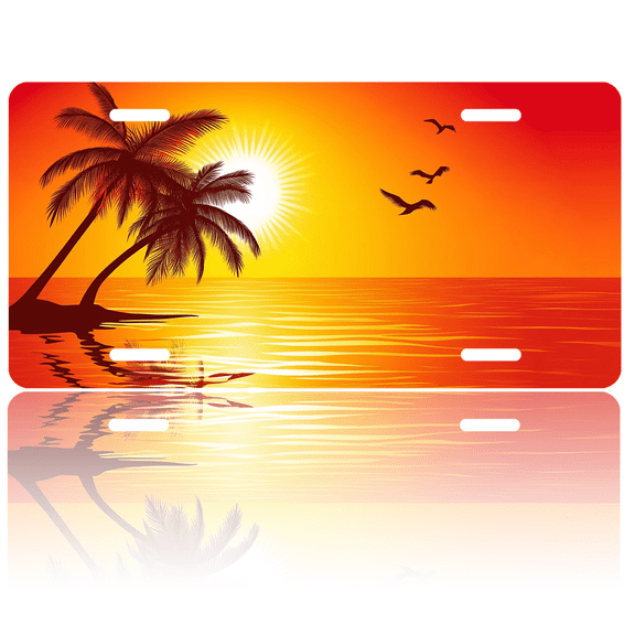 1 Pcs License Plate Covers & Frames, Tropical Sunset with Palm Trees and Seabirds For Decorative Front, Aluminum License Plate Covers & Frames Cover For Men Women, 12" X 6"