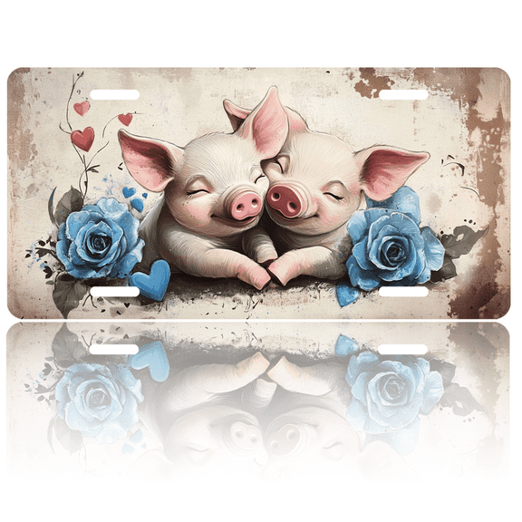 1 Pcs License Plate Covers & Frames, Two Sleeping Pigs with Blue Roses For Decorative Front, Waterproof For Decoration Aluminum License Plate Covers & Frames Cover For Men Women, 12" X 6"