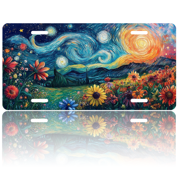 1 Pcs License Plate Covers & Frames, Van Goghs Starry Night with Flowers For Decorative Front, Waterproof For Decoration Aluminum License Plate Covers & Frames Cover For Men Women, 12" X 6"
