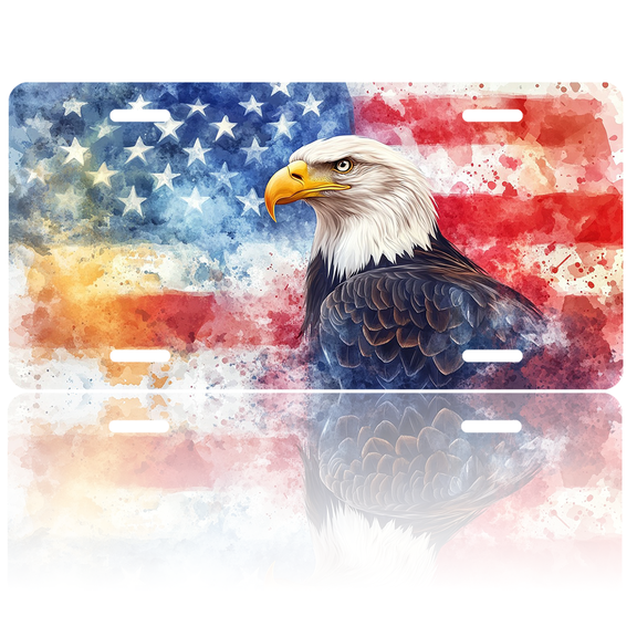 1 Pcs License Plate Covers & Frames, Watercolor Bald Eagle with American Flag Background For Decorative Front, Aluminum License Plate Covers & Frames Cover For Men Women, 12" X 6"