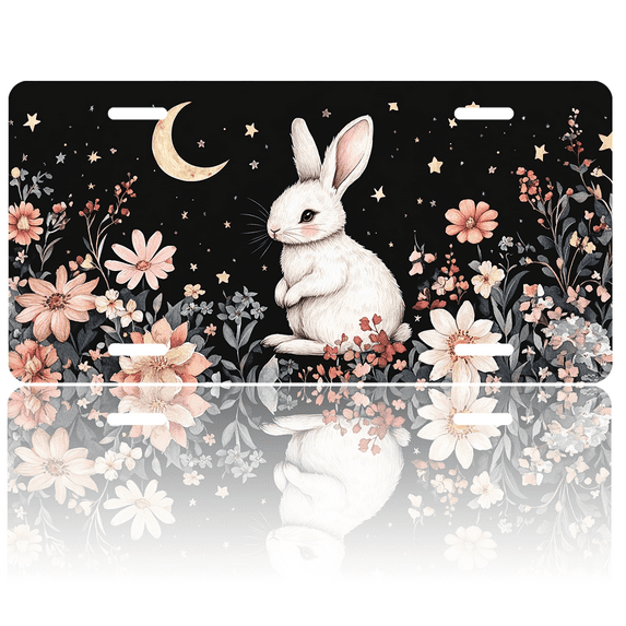 1 Pcs License Plate Covers & Frames, White Rabbit under Moon and Stars For Decorative Front, Waterproof For Decoration Aluminum License Plate Covers & Frames Cover For Men Women, 12" X 6"